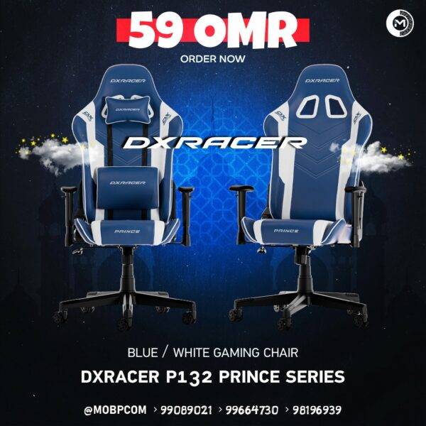 DXRACER P132 PRINCE SERIES WHITE AND BLUE GAMING CHAIR