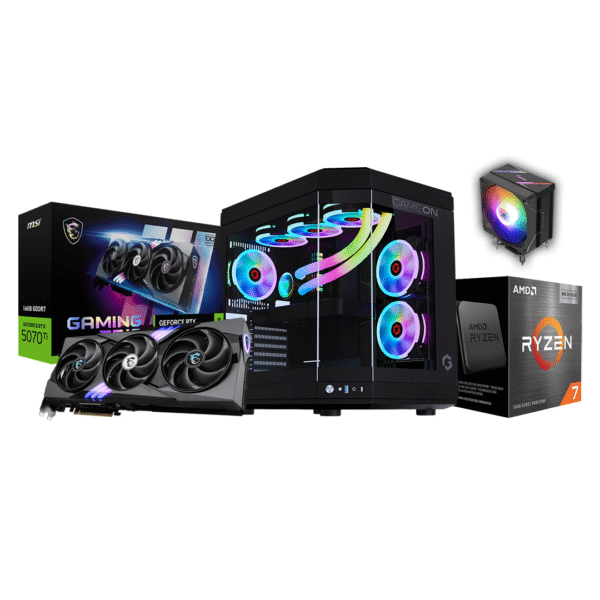 RTX 5070 TI GAMING TRIO, RYZEN 7 5700X 3D, TOWER COOLER RGB, B550M ASROCK, 16GB 3200MHZ, 500 GB SSD, 750W, GAMEON VALKYRIE CASE - 3 FANS