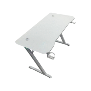 Z shape Table Esports Material: 18mm white carbon fiber patterned density board.  Feet: white metal frame, square tube size 40*60mm  Product Size: 160*60*75cm, with headphone holder and cup holder