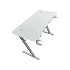 Z shape Table Esports Material: 18mm white carbon fiber patterned density board. Feet: white metal frame, square tube size 40*60mm Product Size: 160*60*75cm, with headphone holder and cup holder
