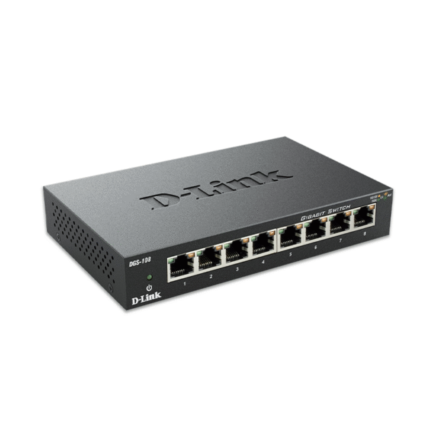 D-Link Ethernet Switch, 8 Port Gigabit Unmanaged Metal Fanless Desktop or Wall Mount Design (DGS-108), Black