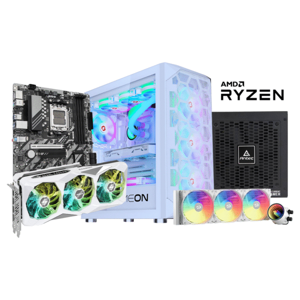 RX 7800 XT STEEL LEGEND 16GB OC, RYZEN 5 7500F, LIQUID COOLER 360M, GIGABYTE B850M D3HP DDR5, 1 TB M.2 GEN 4, 32 GB 6000MHZ, 850W GOLD ANTEC, GAMEON EMPEROR ARCTIC GAMING CASE - 7 FANS
