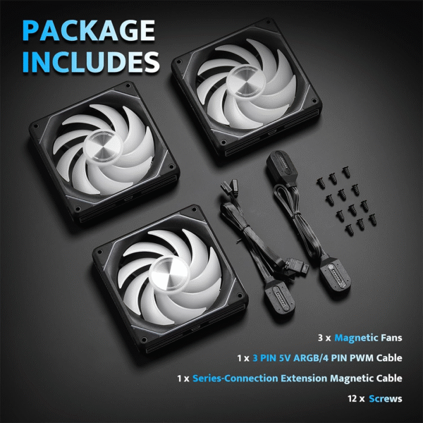 darkFlash G16 120MM Magnetic ARGB PC Case Fans - 3 Pack, Tool-Free Installation, up to 2200RPM Cooling, 4-Pin PWM, Sync with Motherboard RGB Software - Image 3