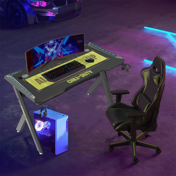 Call Of Duty (COD) Hawksbill Series RGB Flowing Light Gaming Desk With Mouse pad, Headphone Hook & Cup Holder - Black/Green - Image 7
