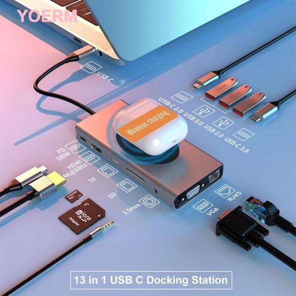 Docking Station USB C Hub 13-in-1 with Wireless Charging Station, USB C to HDMI, Ethernet, VGA, 5 USB and SD/TF, 100W PD, 3.5mm Audio - Image 4