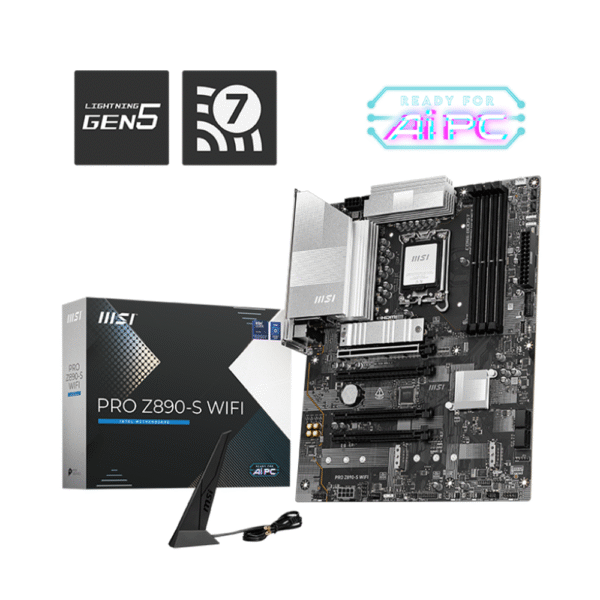 MSI PRO Z890-S WiFi ProSeries Motherboard (Support Core Ultra Series 2 Intel Processors, LGA 1851, DDR5, PCIe 5.0, M.2, SATA, 2.5Gbps LAN, USB Type-C, Wi-Fi 7, Bluetooth 5.4, Thunderbolt 4, ATX)