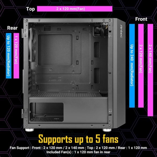 ANTEC NX200 M, MICRO-ATX TOWER, MINI-TOWER COMPUTER CASE WITH 120MM REAR FAN PRE-INSTALLED, MESH DESIGN IN FRONT PANEL VENTILATED AIRFLOW, NX SERIES, BLACK, (CJ11132623) - Image 6