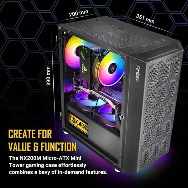 ANTEC NX200 M, MICRO-ATX TOWER, MINI-TOWER COMPUTER CASE WITH 120MM REAR FAN PRE-INSTALLED, MESH DESIGN IN FRONT PANEL VENTILATED AIRFLOW, NX SERIES, BLACK, (CJ11132623) - Image 5