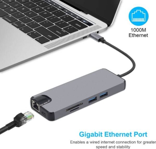 Type-C to HDMI 8 in 1 Adapter, Store Data Up To 5Gbp/s Speed, USB C to RJ45 Gigabit Ethernet LAN, Gray - Image 3