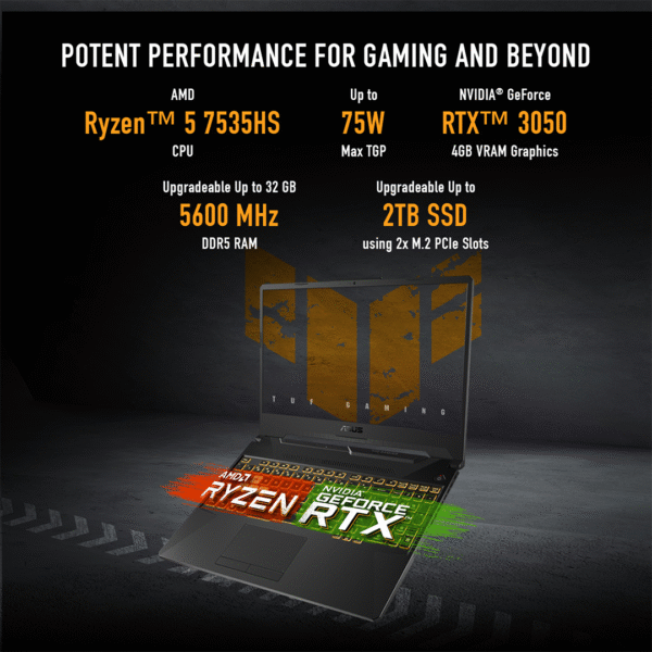 ASUS TUF A15 FA506N Gaming Laptop | Ryzen 5 7535HS | 8GB DDR5 | 512GB SSD | RTX 3050 4GB | 15.6" FHD 144Hz | RGB Backlit | DOS | Black - Image 2
