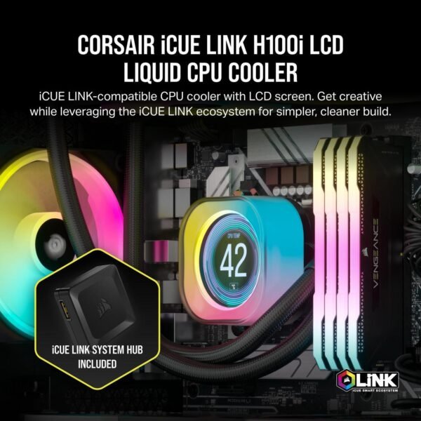 CORSAIR iCUE Link H100i RGB Liquid CPU Cooler - 240mm AIO - QX120 RGB Fans - Fits Intel® LGA 1700, AMD® AM5 - iCUE Link System Hub Included - Image 4