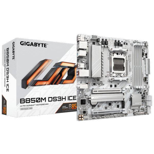 Gigabyte B850M DS3H ICE Micro ATX AM5 Motherboard, 4 x DIMMs Dual Channel DDR5, 2 x M.2 Slots, Full-length PCIe slots, X3D Turbo Mode, 2.5GbE LAN, 8x +2+2 Twin Digital VRM Design, White | B850M DS3H ICE