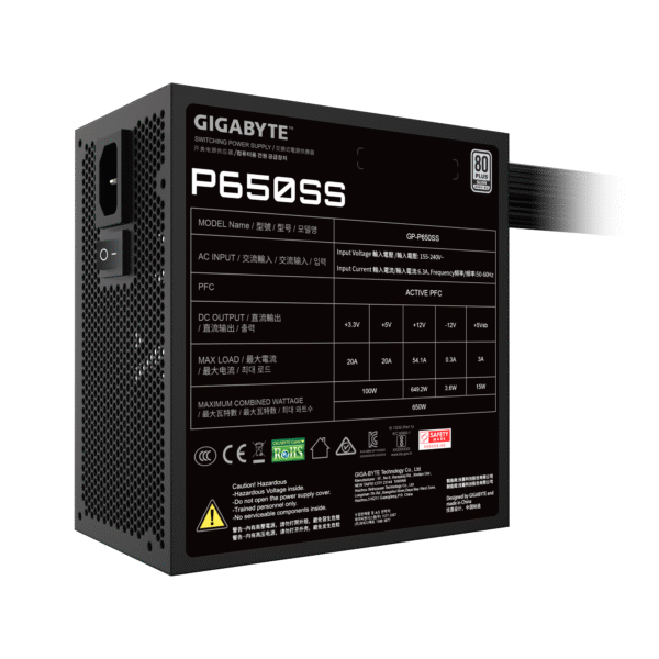 GIGABYTE P650SS Non Modular Power Supply, 650W Power, 80 Plus Silver Efficiency, 120mm Fluid Dynamic Bearing Fan, Intel ATX 3.0 Standard, 0.9 Active PFC - Image 7