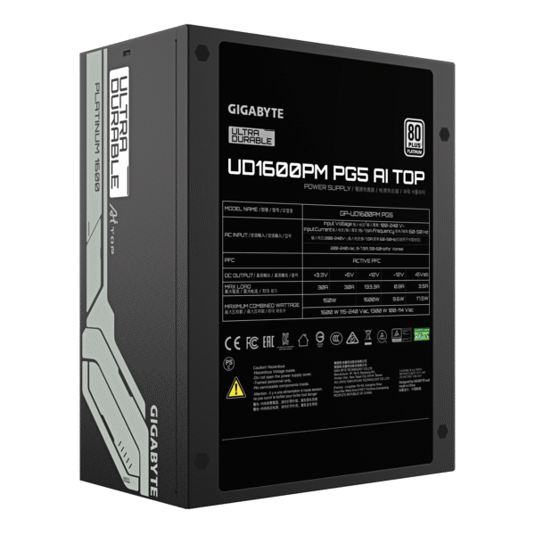 GIGABYTE UD1600PM PG5 AI TOP Fully Modular Power Suppler, 1600W Power, 80 PLUS Platinum Efficiency, 140mm Double Ball Bearing Fan, ATX 12V v3.1, PCIe Gen 5.0, Black - Image 2