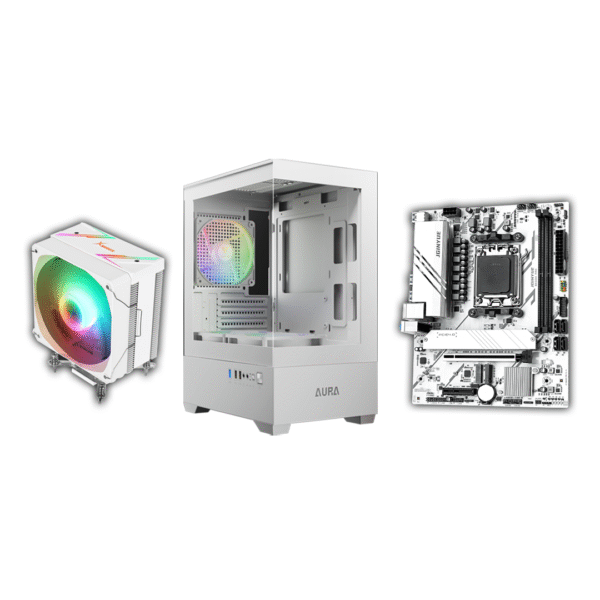 White PC Build – Ryzen 7 7700 with Radeon Graphics, 16GB 6000MHz RAM, 500GB SSD, B650M, 750W PSU, AURA GC9M RGB Case