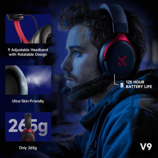 MCHOSE V9 Series Wireless Gaming Headset – Black & Red - Image 10
