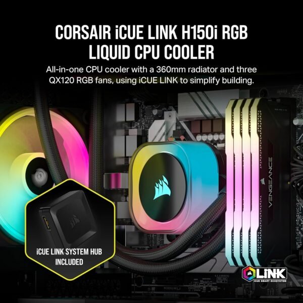 CORSAIR iCUE Link H150i RGB Liquid CPU Cooler - 360mm AIO - QX120 RGB Fans - Fits Intel® LGA 1700, AMD® AM5 - iCUE Link System Hub Included - Image 9