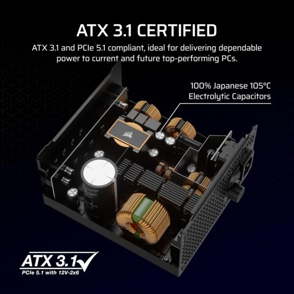 CORSAIR RM1000x Fully Modular Low-Noise ATX Power Supply – ATX 3.1 Compliant – PCIe 5.1 Support – Cybenetics Gold Efficiency – Native 12V-2x6 Connector – Black - Image 2