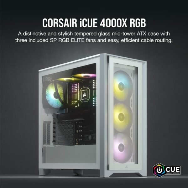 CORSAIR iCUE 4000X RGB Tempered Glass Mid-Tower ATX PC Case - 3X SP120 RGB Elite Fans - iCUE Lighting Node CORE Controller - High Airflow - Image 2