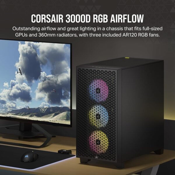 Corsair 3000D RGB Airflow Mid-Tower PC Case – 3X AR120 RGB Fans – Three-Slot GPU Support – Fits up to 8X 120mm Fans – High-Airflow Design - Image 3
