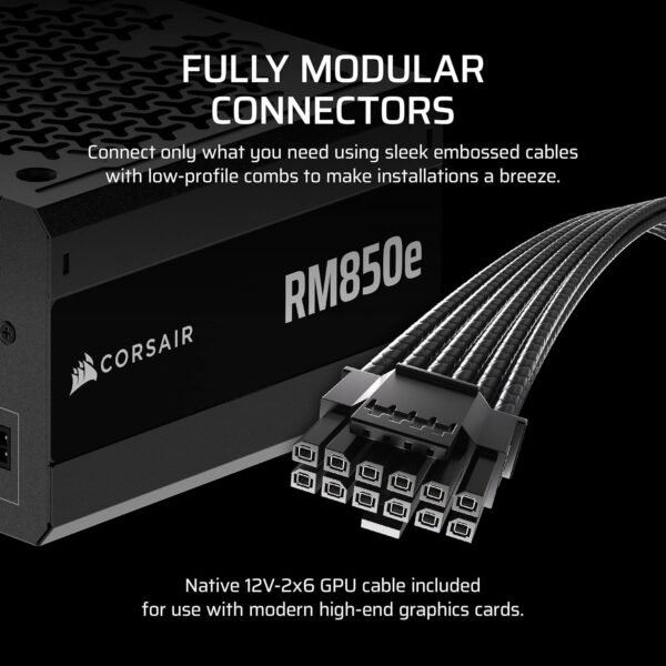 CORSAIR RM850e Fully Modular Low-Noise ATX Power Supply with 12V-2x6 Cable – ATX 3.1 & PCIe 5.1 Compliant, Cybenetics Gold Efficiency, 105°C-Rated Capacitors, Modern Standby Mode – Black - Image 4