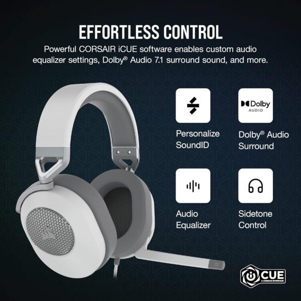 CORSAIR HS65 SURROUND Multiplatform Wired Gaming Headset – Dolby Atmos – SonarWorks SoundID – iCUE Compatible – PC, Mac, PS5, PS4, Xbox, Nintendo Switch, Mobile – White - Image 3