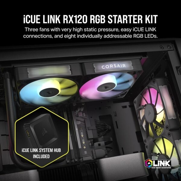 CORSAIR iCUE Link RX120 RGB 120mm PWM Fans with iCUE Link System Hub - Magnetic Dome Bearing - Triple Pack - Image 3