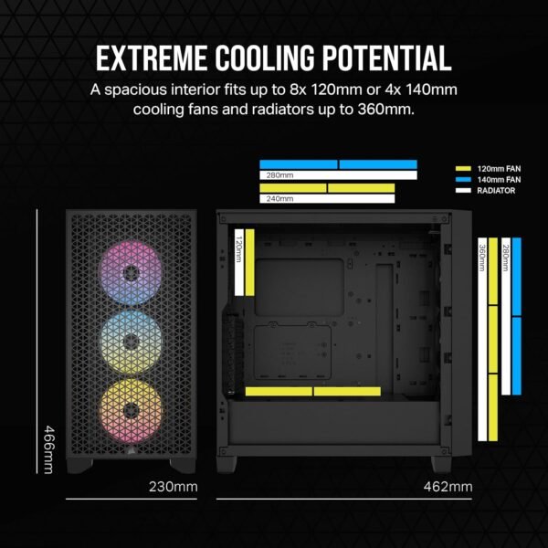 Corsair 3000D RGB Airflow Mid-Tower PC Case – 3X AR120 RGB Fans – Three-Slot GPU Support – Fits up to 8X 120mm Fans – High-Airflow Design - Image 4