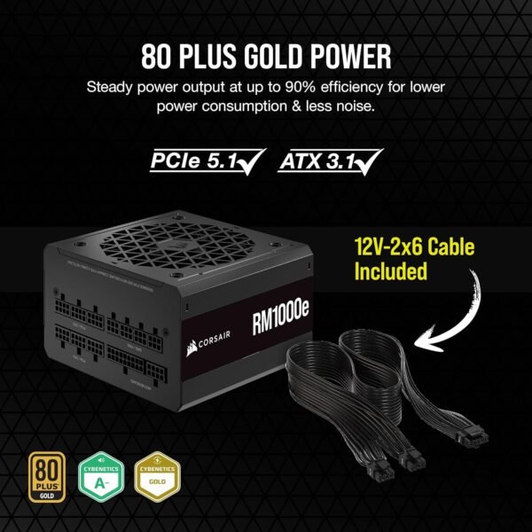 Corsair RM1000E Fully Modular Low-Noise ATX Power Supply - ATX 3.1 & PCIe 5.1 Compliant - 105°C-Rated Capacitors - 80 PLUS Gold Efficiency - Modern Standby Support - Black - Image 4