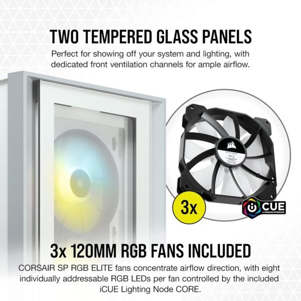 CORSAIR iCUE 4000X RGB Tempered Glass Mid-Tower ATX PC Case - 3X SP120 RGB Elite Fans - iCUE Lighting Node CORE Controller - High Airflow - Image 3