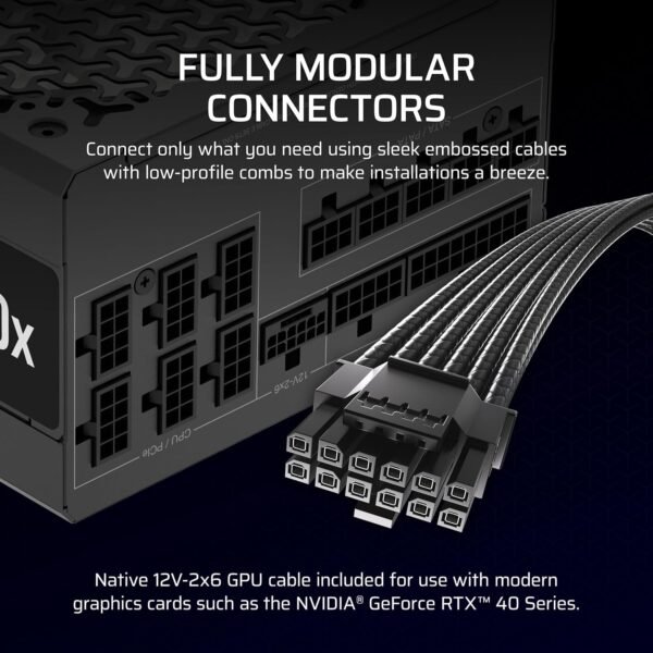 CORSAIR RM1000x Fully Modular Low-Noise ATX Power Supply – ATX 3.1 Compliant – PCIe 5.1 Support – Cybenetics Gold Efficiency – Native 12V-2x6 Connector – Black - Image 9