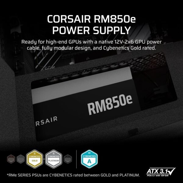 CORSAIR RM850e Fully Modular Low-Noise ATX Power Supply with 12V-2x6 Cable – ATX 3.1 & PCIe 5.1 Compliant, Cybenetics Gold Efficiency, 105°C-Rated Capacitors, Modern Standby Mode – Black - Image 2