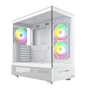 MONTECH XR, ATX Mid-Tower PC Gaming Case, 3 x 120mm ARGB PWM Fans Pre-Installed, Full-View Dual Tempered Glass Panel, Wood-Grain Design I/O Interface, Support 4090 GPUs, 360mm Radiator Support, White