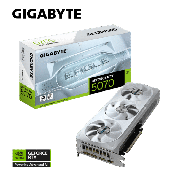 GIGABYTE GeForce RTX 5070 Eagle OC ICE SFF 12G Graphics Card, 12GB 192-bit GDDR7, PCIe 5.0, WINDFORCE Cooling System, GV-N5070EAGLEOC ICE-12GD Video Card