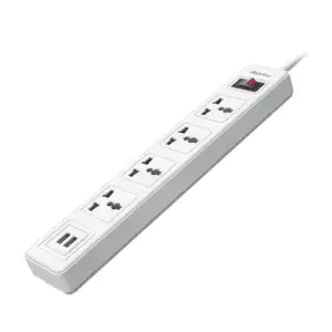 Huntkey SSZ507 Universal Power Strip | 4 AC Outlets + 2 USB Ports | 220–240V | Surge Protector | 3M Cable – White