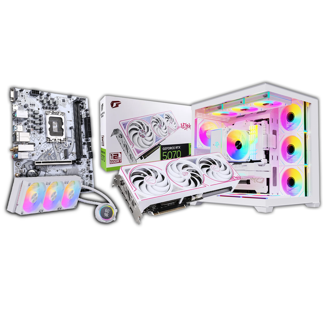 Custom White Gaming PC – Intel i5-14400F | RTX 5070 Ultra W OC 12GB | 16GB DDR4 | 1TB Gen 4 SSD | Liquid Cooled