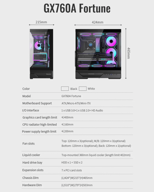 Huntkey GX760A Fortune ATX Gaming Case – Supports 360 mm Cooler, Full‑View Glass Panels, Up to 10 Fans - Image 18