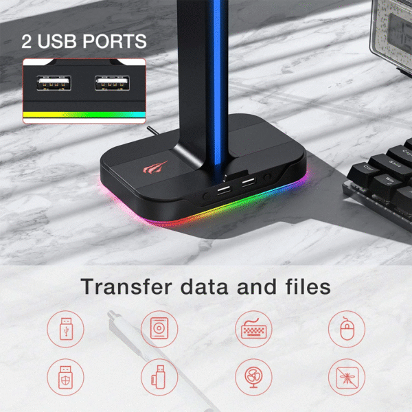 HAVIT TH650 RGB Headset Stand with Dual Hanger & 2 USB Ports - Image 2
