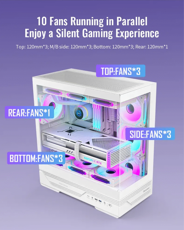 Huntkey GX760A Fortune ATX Gaming Case – Supports 360 mm Cooler, Full‑View Glass Panels, Up to 10 Fans - Image 4