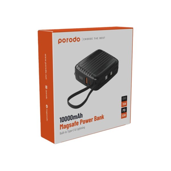 Porodo Magsafe Power Bank 10000mAh PD 20W Wireless 15W with Built-In Type-C & Lightning Cable - Image 2