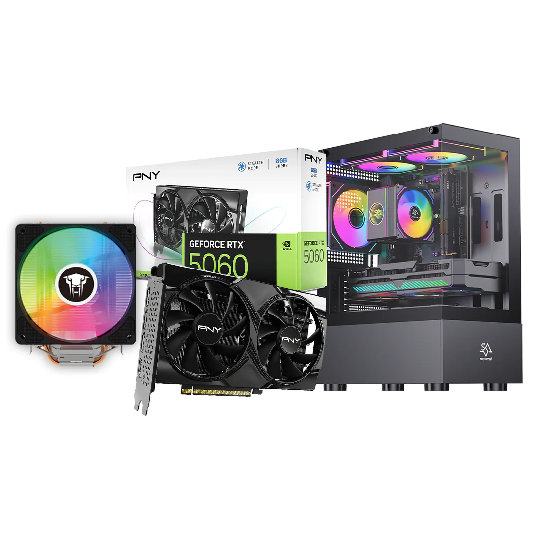 Gaming PC – PNY GeForce RTX 5060 | Intel i5-12400F | 16GB DDR4 3200MHz | 240GB SSD | 700W PSU | Snowman CS054 Case