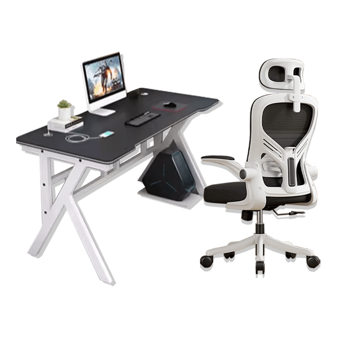 Office Chair (White/Black) + 160CM Carbon Fibre Table Combo Deal