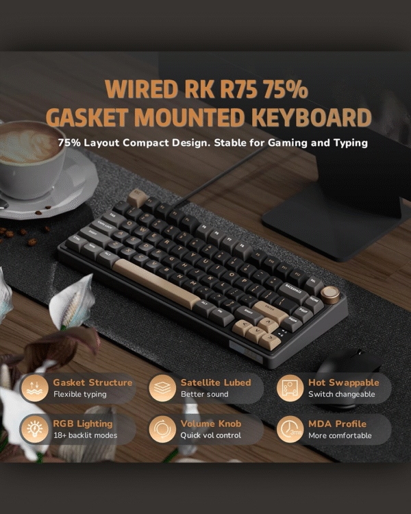 RK ROYAL KLUDGE M75 — 75% Wired Mechanical Keyboard (Blue Switch / Hot-Swappable / RGB Backlit / Arabic–English Layout) - Image 2