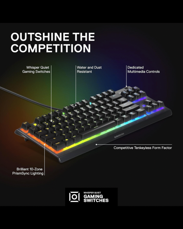 SteelSeries Apex 3 TKL Gaming Keyboard – 8-Zone RGB Illumination | Whisper-Quiet Switches | Water-Resistant Design | Compact TKL Layout - Image 3