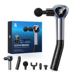 RENPHO Reach Massage Gun (R-C007) – Deep Tissue 5-Speed Percussion Gun with Detachable Extended Handle, 4 Massage Heads & USB-C Fast Charging
