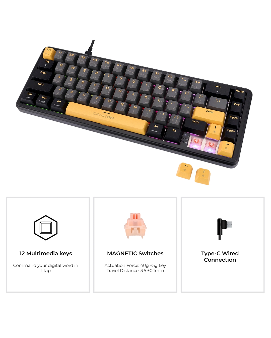 GAMEON MAGPRO Series GOMG1K8-RS 60% RGB Magnetic Wired Gaming Keyboard with Customization Software & Wrist Band, Pink Switch - English/Arabic - Image 3