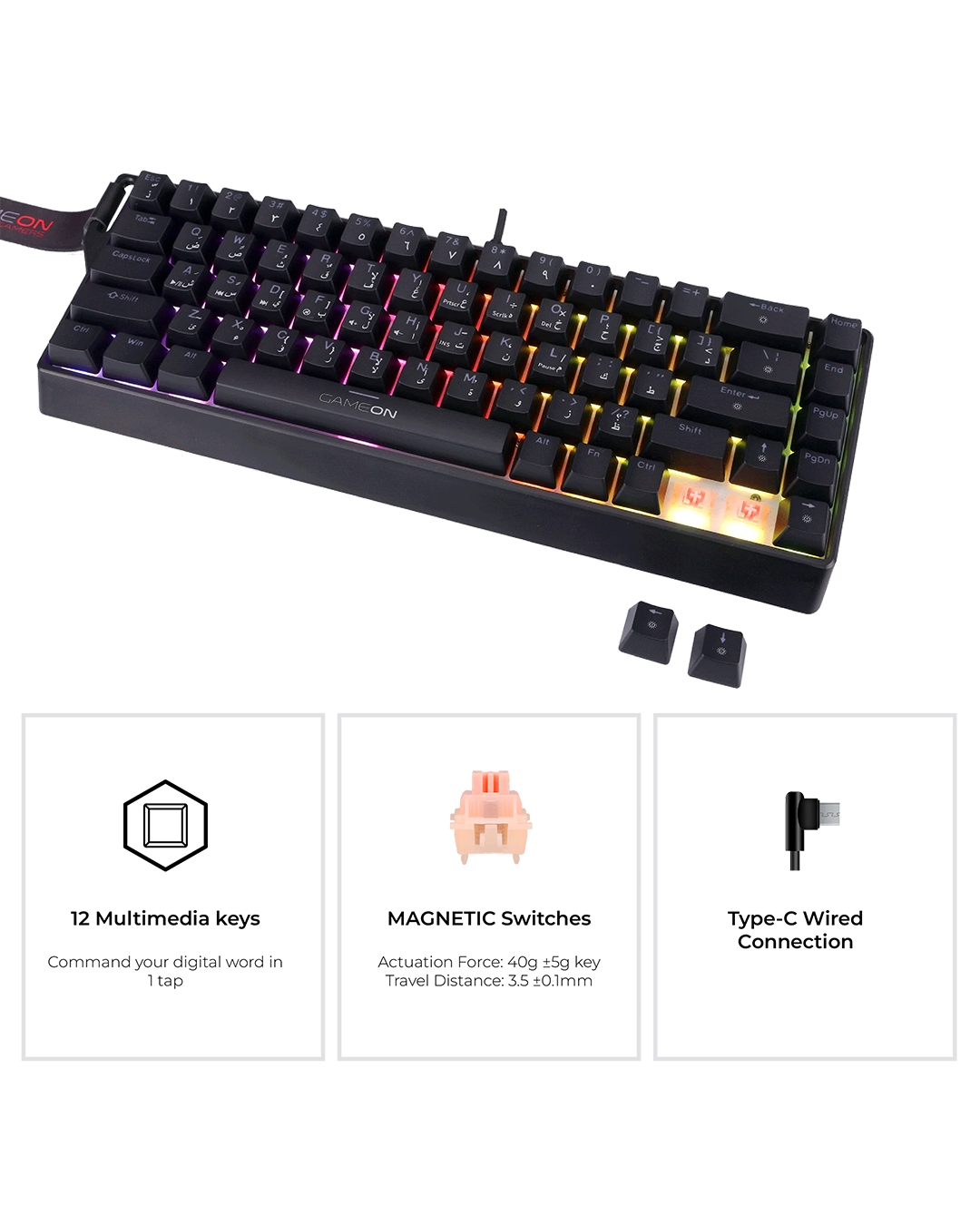 GAMEON VOLT Series GOMGK68-RS 60% RGB Magnetic Wired Gaming Keyboard with Customization Software, Pink Switch - English/Arabic - Image 8