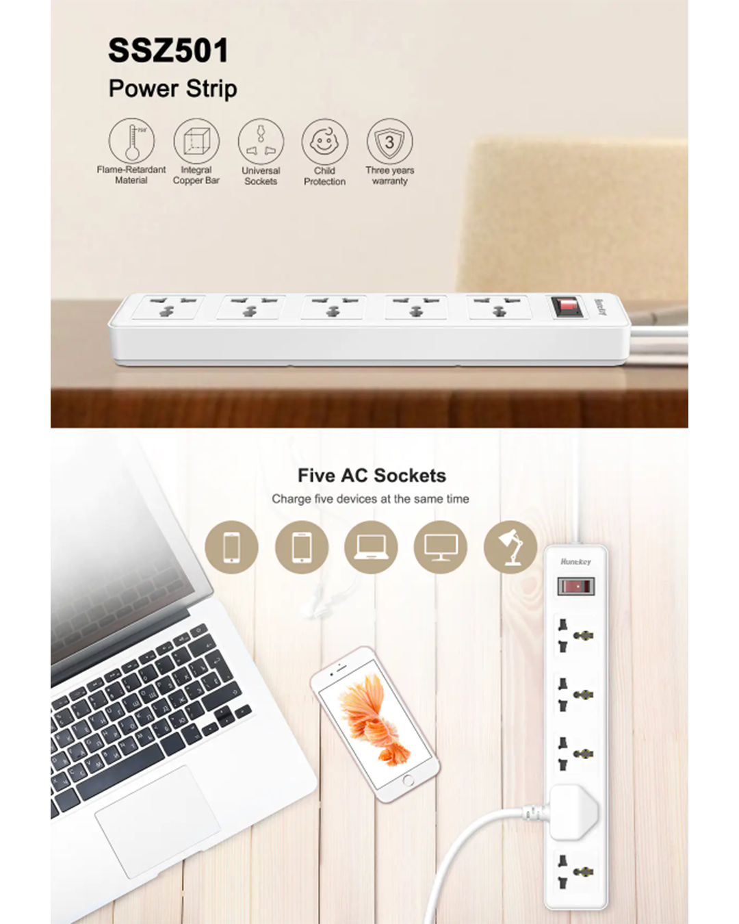 Huntkey SSZ501 Power Strip – 2500W | 10A | 250V | 5 Universal Outlets | 3m Cable | Fire-Retardant Safety Design - Image 3