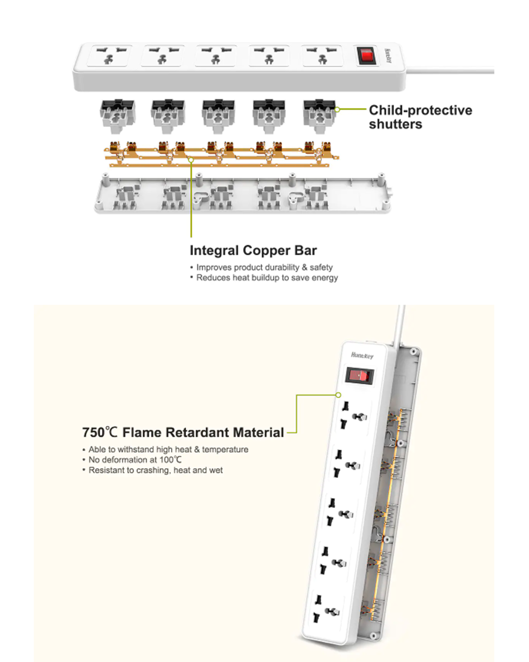 Huntkey SSZ501 Power Strip – 2500W | 10A | 250V | 5 Universal Outlets | 3m Cable | Fire-Retardant Safety Design - Image 5