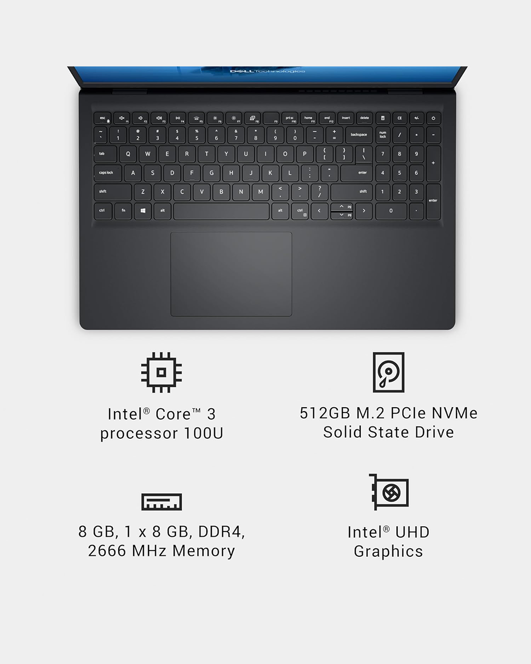 DELL 15 DC15250 Laptop | Core 3 100U | 8GB RAM | 512GB SSD | 15.6” FHD 120Hz | DOS | English Keyboard | Black - Image 8